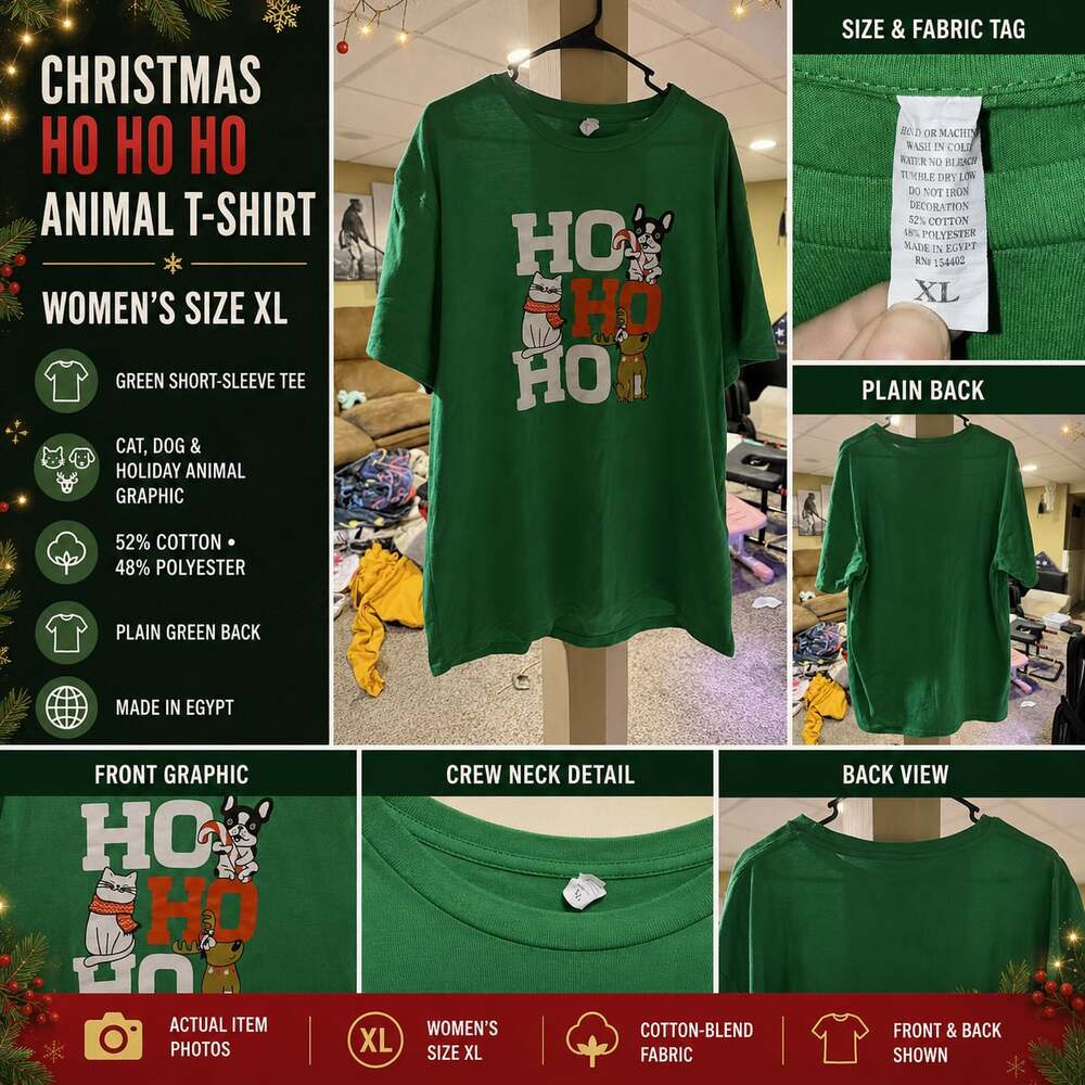 Christmas Ho Ho Ho Animal Graphic Green Short Sleeve T-Shirt Women's Size XL